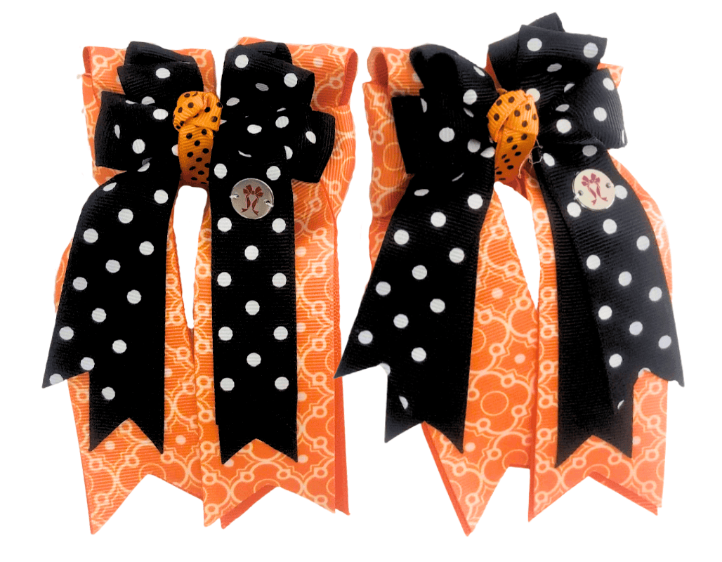 Ponytail Bows Online 3" Tails Orange Black Polka Dot PonyTail Bows equestrian team apparel online tack store mobile tack store custom farm apparel custom show stable clothing equestrian lifestyle horse show clothing riding clothes Orange Black Polka Dot PonyTail Bows horses equestrian tack store