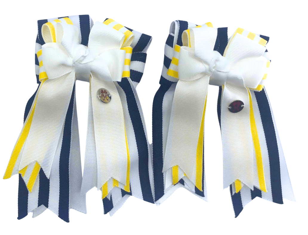 Ponytail Bows Online 3" Tails Navy Yellow Stripes PonyTail Bows equestrian team apparel online tack store mobile tack store custom farm apparel custom show stable clothing equestrian lifestyle horse show clothing riding clothes Navy Yellow Stripes PonyTail Bows horses equestrian tack store
