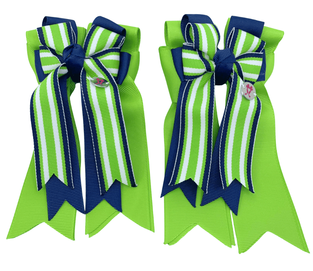 Ponytail Bows Online 3" Tails PonyTail Bows- Green Striped/Navy equestrian team apparel online tack store mobile tack store custom farm apparel custom show stable clothing equestrian lifestyle horse show clothing riding clothes PonyTail Bows- Green Striped/Navy horses equestrian tack store