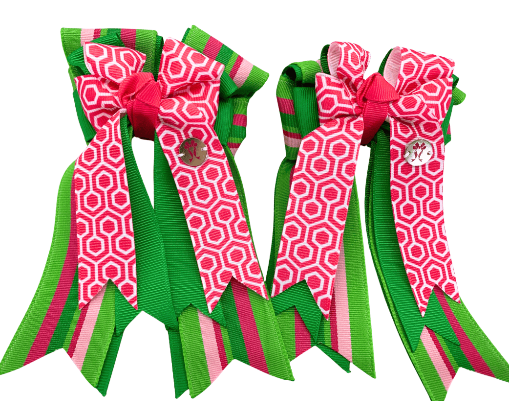 Ponytail Bows Online 3" Tails PonyTail Bows- Pink Maze Green Stripes equestrian team apparel online tack store mobile tack store custom farm apparel custom show stable clothing equestrian lifestyle horse show clothing riding clothes PonyTail Bows- Pink Maze Green Stripes horses equestrian tack store
