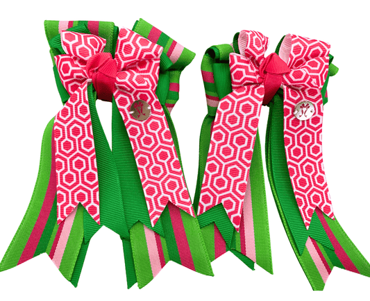 Ponytail Bows Online 3" Tails PonyTail Bows- Pink Maze Green Stripes equestrian team apparel online tack store mobile tack store custom farm apparel custom show stable clothing equestrian lifestyle horse show clothing riding clothes PonyTail Bows- Pink Maze Green Stripes horses equestrian tack store