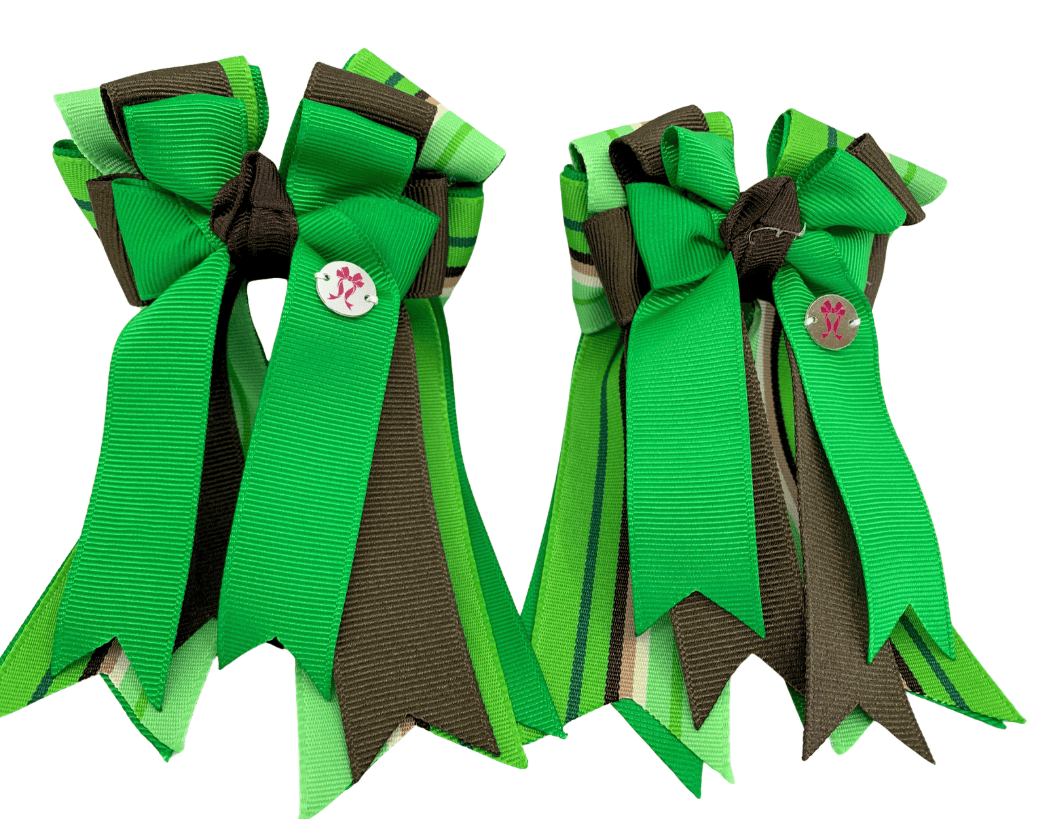 Ponytail Bows Online 3" Tails PonyTail Bows- Green Java Brown Stripes equestrian team apparel online tack store mobile tack store custom farm apparel custom show stable clothing equestrian lifestyle horse show clothing riding clothes PonyTail Bows- Green Java Brown Stripes horses equestrian tack store