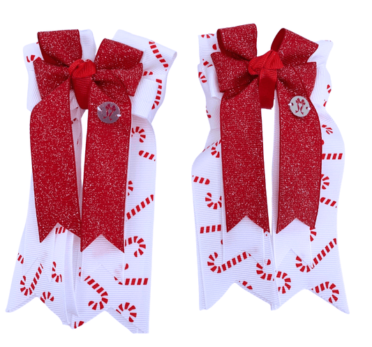 Ponytail Bows Online 3" Tails PonyTail Bows- White with Red Candy Canes equestrian team apparel online tack store mobile tack store custom farm apparel custom show stable clothing equestrian lifestyle horse show clothing riding clothes PonyTail Bows- White with Red Candy Canes horses equestrian tack store