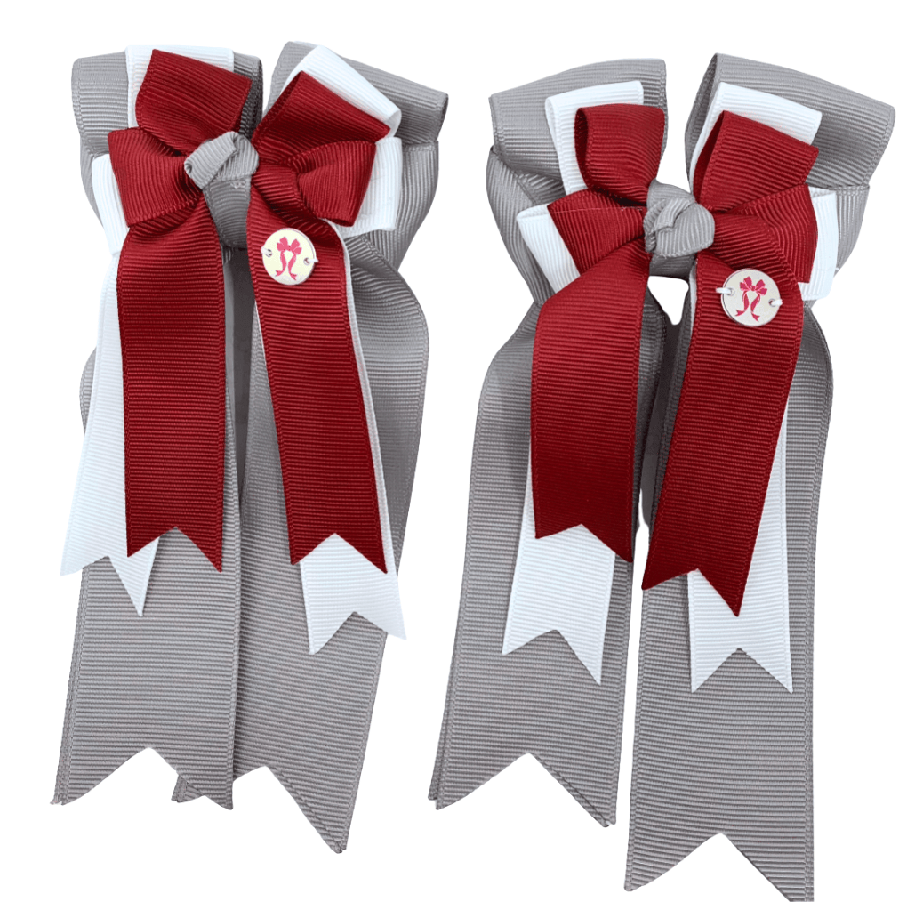 Ponytail Bows Online 3" Tails PonyTail Bows- Merlot White Silver equestrian team apparel online tack store mobile tack store custom farm apparel custom show stable clothing equestrian lifestyle horse show clothing riding clothes PonyTail Bows- Merlot White Silver horses equestrian tack store