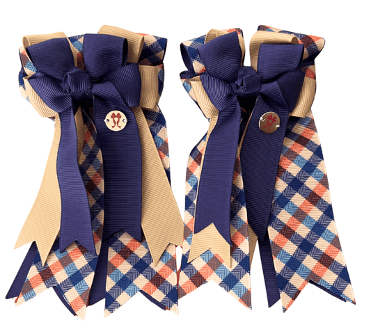 Ponytail Bows Online 3" Tails PonyTail Bows - Navy Plaid Tan Bows equestrian team apparel online tack store mobile tack store custom farm apparel custom show stable clothing equestrian lifestyle horse show clothing riding clothes PonyTail Bows - Navy Plaid Tan Bows horses equestrian tack store