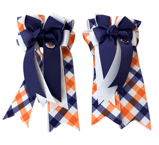 Ponytail Bows Online 3" Tails PonyTail Bows - Orange/Navy Plaid Bows equestrian team apparel online tack store mobile tack store custom farm apparel custom show stable clothing equestrian lifestyle horse show clothing riding clothes PonyTail Bows - Orange/Navy Plaid Bows horses equestrian tack store