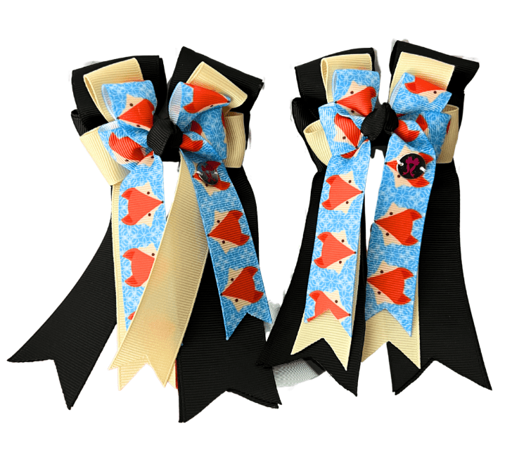 Ponytail Bows Online 3" Tails PonyTail Bows- Black Base Fox Face Bows equestrian team apparel online tack store mobile tack store custom farm apparel custom show stable clothing equestrian lifestyle horse show clothing riding clothes PonyTail Bows- Black Base Fox Face Bows horses equestrian tack store