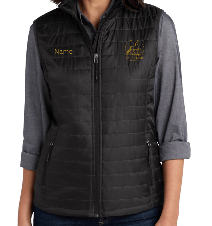 Equestrian Team Apparel Custom Vests Black / XS / Gold Fault Line Stables- Women's Puffy Vest equestrian team apparel online tack store mobile tack store custom farm apparel custom show stable clothing equestrian lifestyle horse show clothing riding clothes Fault Line Stables- Women's Puffy Vest horses equestrian tack store