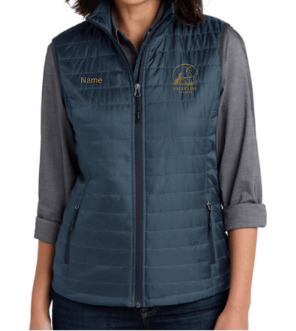 Equestrian Team Apparel Custom Vests Navy / XS / Gold Fault Line Stables- Women's Puffy Vest equestrian team apparel online tack store mobile tack store custom farm apparel custom show stable clothing equestrian lifestyle horse show clothing riding clothes Fault Line Stables- Women's Puffy Vest horses equestrian tack store