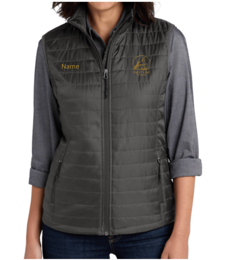 Equestrian Team Apparel Custom Vests Charcoal Heather / XS / Gold Fault Line Stables- Women's Puffy Vest equestrian team apparel online tack store mobile tack store custom farm apparel custom show stable clothing equestrian lifestyle horse show clothing riding clothes Fault Line Stables- Women's Puffy Vest horses equestrian tack store