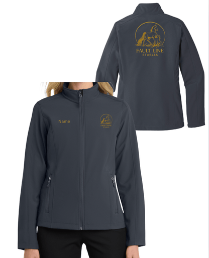 Equestrian Team Apparel Custom Jacket Battleship Grey / XS / gold Fault Line Stables- Women's Soft Shell Jacket equestrian team apparel online tack store mobile tack store custom farm apparel custom show stable clothing equestrian lifestyle horse show clothing riding clothes Fault Line Stables- Women's Soft Shell Jacket horses equestrian tack store