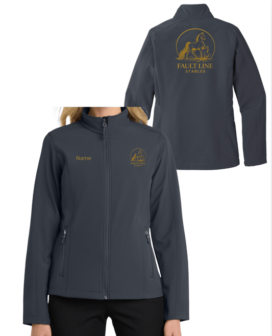 Equestrian Team Apparel Custom Jacket Battleship Grey / XS / gold Fault Line Stables- Women's Soft Shell Jacket equestrian team apparel online tack store mobile tack store custom farm apparel custom show stable clothing equestrian lifestyle horse show clothing riding clothes Fault Line Stables- Women's Soft Shell Jacket horses equestrian tack store