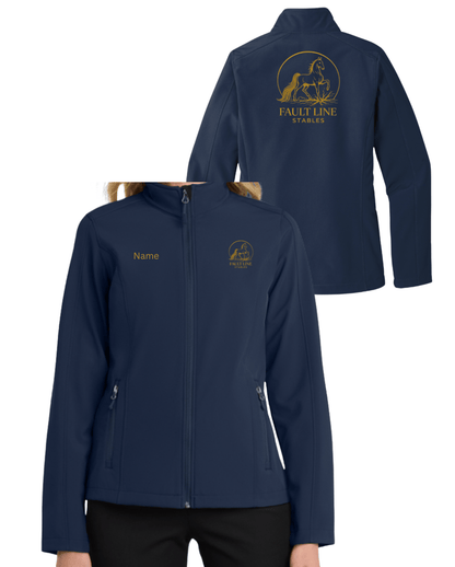 Equestrian Team Apparel Custom Jacket New Navy / XS / gold Fault Line Stables- Women's Soft Shell Jacket equestrian team apparel online tack store mobile tack store custom farm apparel custom show stable clothing equestrian lifestyle horse show clothing riding clothes Fault Line Stables- Women's Soft Shell Jacket horses equestrian tack store