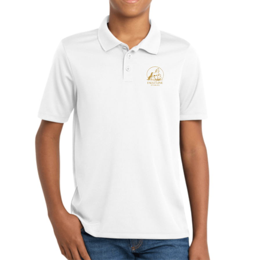 Equestrian Team Apparel custom polo shirt White / XS / gold Fault Line Stables- Youth Polo Shirt equestrian team apparel online tack store mobile tack store custom farm apparel custom show stable clothing equestrian lifestyle horse show clothing riding clothes Fault Line Stables- Youth Polo Shirt horses equestrian tack store