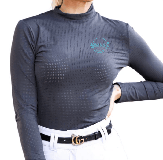 Equestrian Team Apparel Custom Shirts Charcoal w/ Turquoise Logo / XXS SWANN - Perforated Alesia High Collar Shirt equestrian team apparel online tack store mobile tack store custom farm apparel custom show stable clothing equestrian lifestyle horse show clothing riding clothes SWANN - Perforated Alesia High Collar Shirt horses equestrian tack store