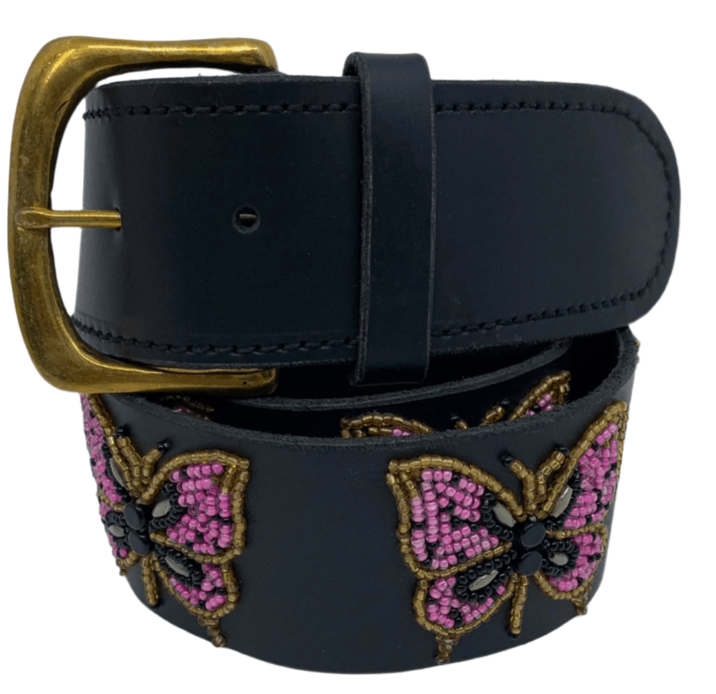 Zinj Designs Pink Butterfly Belt- 1.75" Beaded Assorted Designs XS equestrian team apparel online tack store mobile tack store custom farm apparel custom show stable clothing equestrian lifestyle horse show clothing riding clothes Belt- 1.75" Beaded Assorted Designs XS horses equestrian tack store