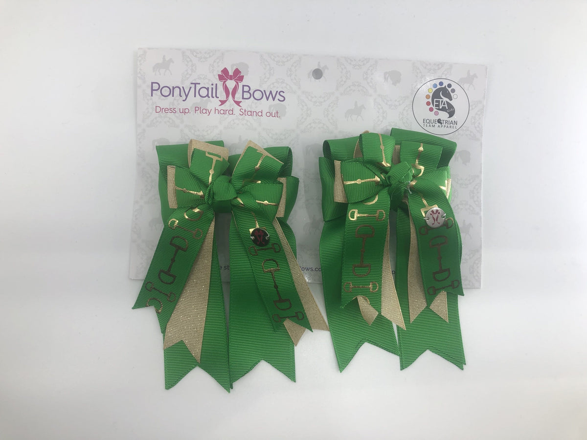 PonyTail Bows 3" Tails Green Gold Bits PonyTail Bows equestrian team apparel online tack store mobile tack store custom farm apparel custom show stable clothing equestrian lifestyle horse show clothing riding clothes PonyTail Bows | Equestrian Hair Accessories horses equestrian tack store