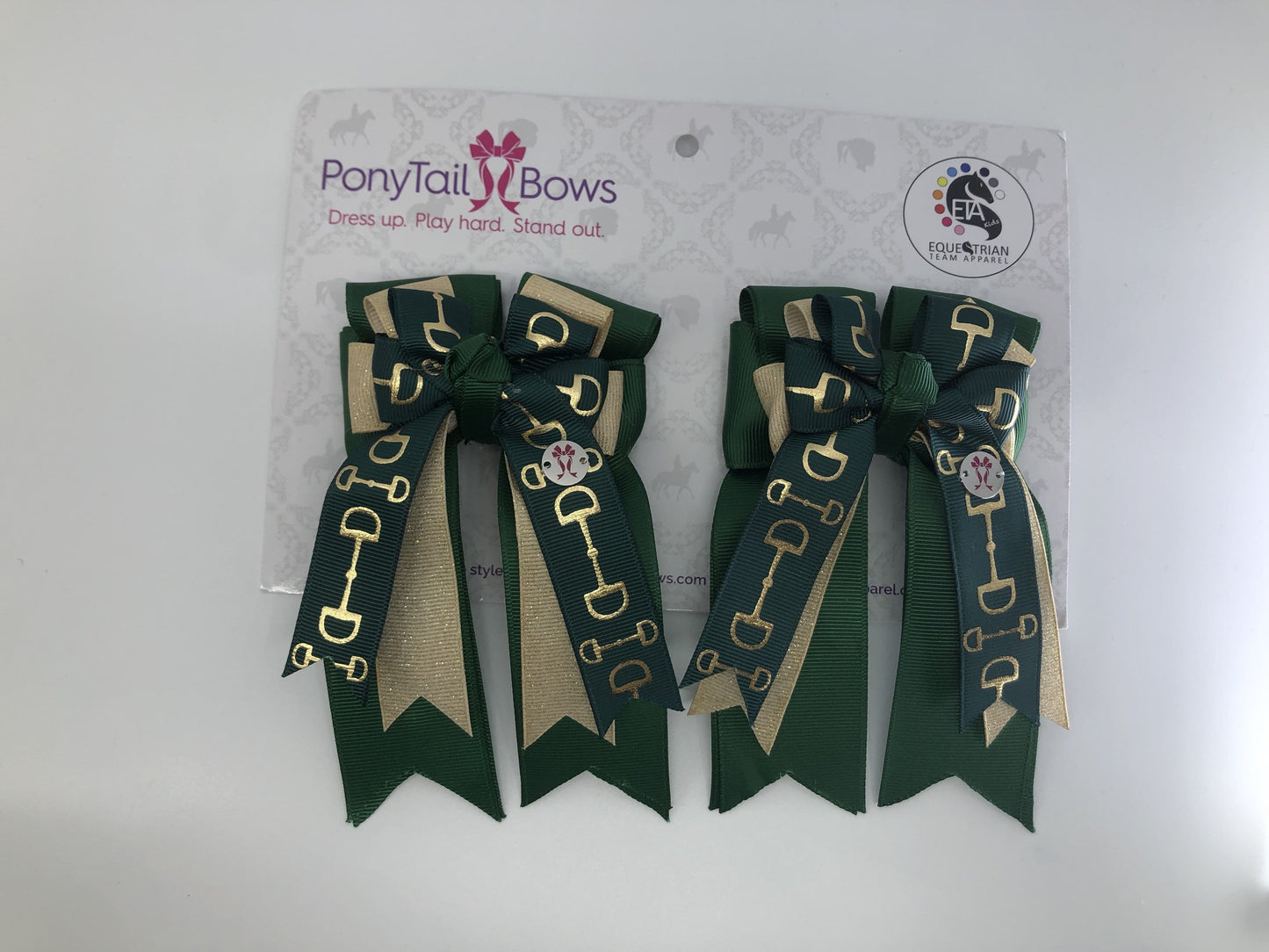 PonyTail Bows 3" Tails Green Gold Bits PonyTail Bows equestrian team apparel online tack store mobile tack store custom farm apparel custom show stable clothing equestrian lifestyle horse show clothing riding clothes PonyTail Bows | Equestrian Hair Accessories horses equestrian tack store