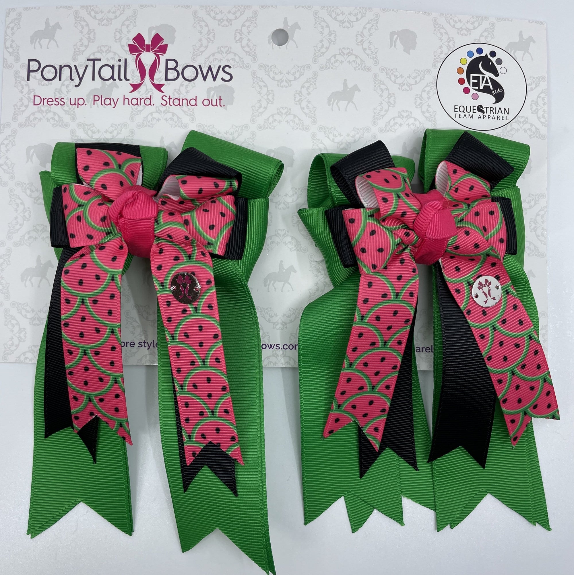 PonyTail Bows 3" Tails Watermelon Sugar/Green Base PonyTail Bows equestrian team apparel online tack store mobile tack store custom farm apparel custom show stable clothing equestrian lifestyle horse show clothing riding clothes PonyTail Bows | Equestrian Hair Accessories horses equestrian tack store