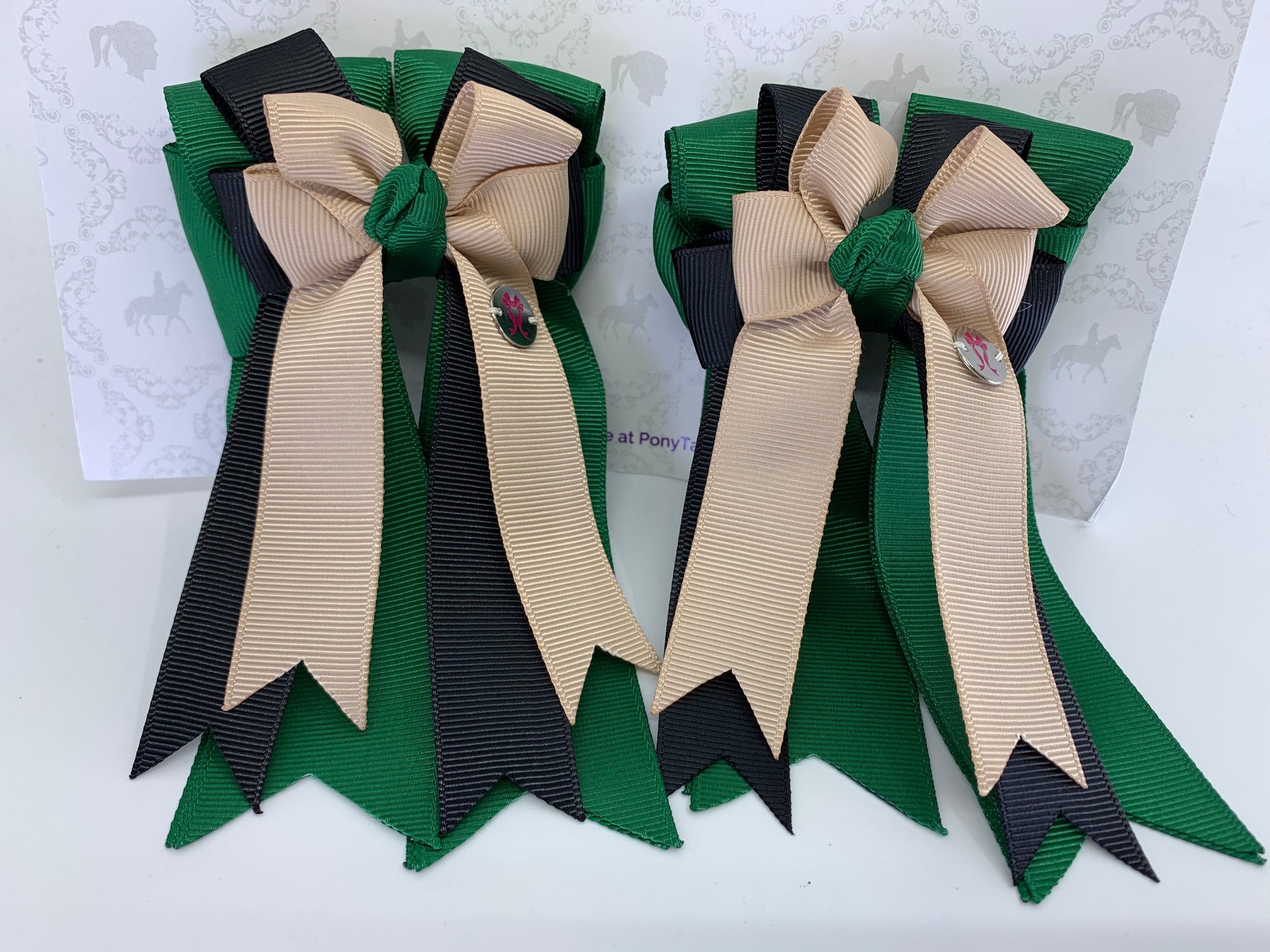 PonyTail Bows 3" Tails PonyTail Bows-  Hunter Green/Black/Khaki equestrian team apparel online tack store mobile tack store custom farm apparel custom show stable clothing equestrian lifestyle horse show clothing riding clothes PonyTail Bows | Equestrian Hair Accessories horses equestrian tack store