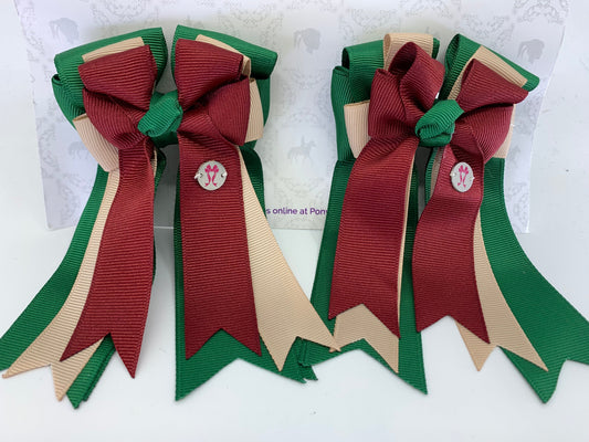 PonyTail Bows 3" Tails PonyTail Bows-  Hunter Green/Khaki/Burgundy equestrian team apparel online tack store mobile tack store custom farm apparel custom show stable clothing equestrian lifestyle horse show clothing riding clothes PonyTail Bows | Equestrian Hair Accessories horses equestrian tack store