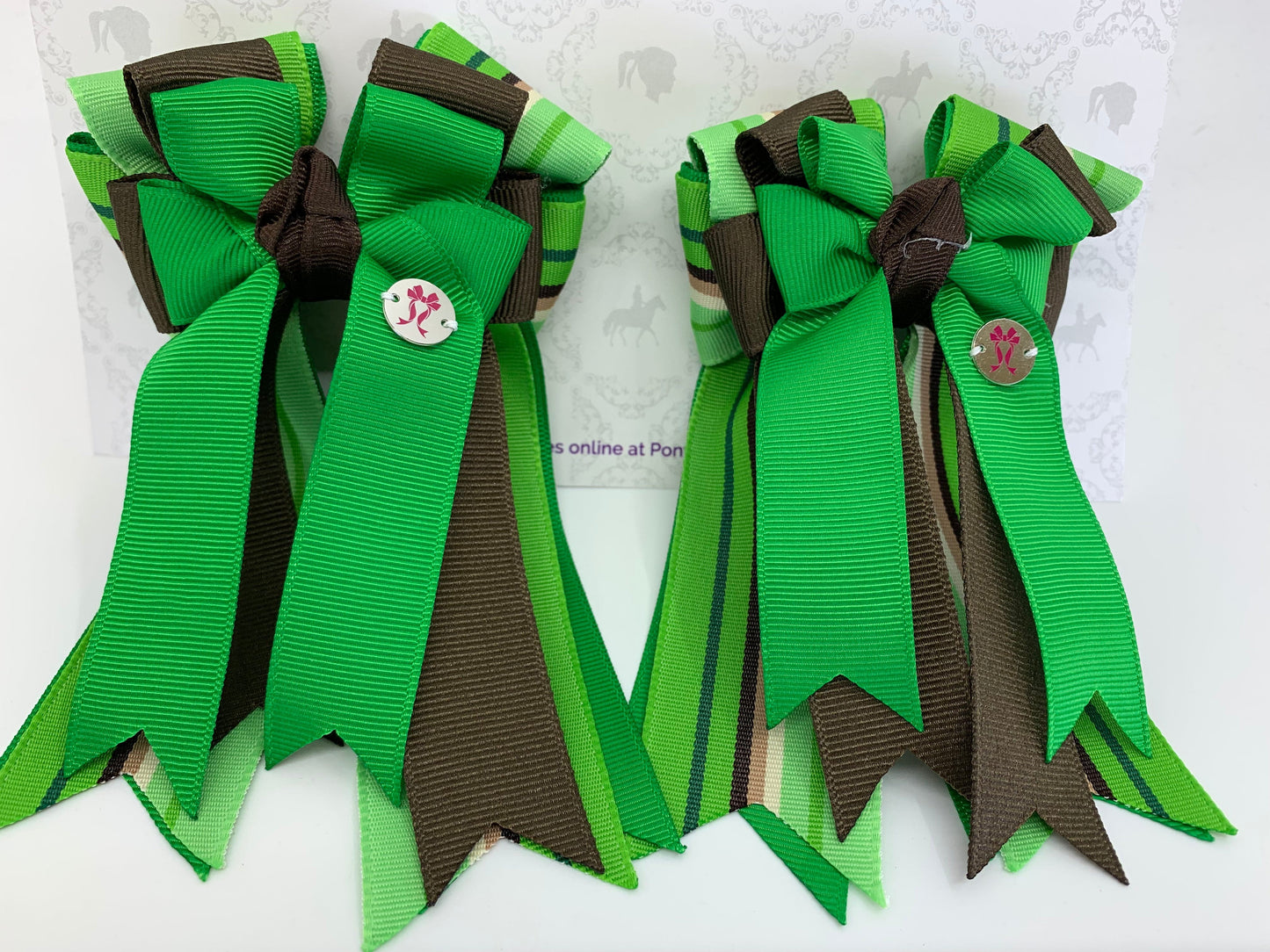 PonyTail Bows 3" Tails PonyTail Bows- Green Java Brown Stripes equestrian team apparel online tack store mobile tack store custom farm apparel custom show stable clothing equestrian lifestyle horse show clothing riding clothes PonyTail Bows | Equestrian Hair Accessories horses equestrian tack store