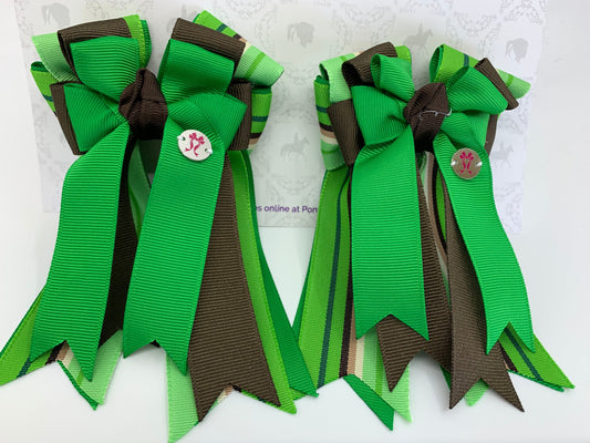 PonyTail Bows 3" Tails PonyTail Bows- Green Java Brown Stripes equestrian team apparel online tack store mobile tack store custom farm apparel custom show stable clothing equestrian lifestyle horse show clothing riding clothes PonyTail Bows | Equestrian Hair Accessories horses equestrian tack store