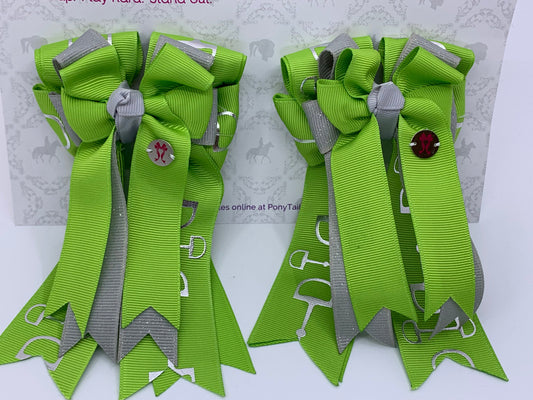 PonyTail Bows 3" Tails PonyTail Bows- Lime Green/Gray Bits equestrian team apparel online tack store mobile tack store custom farm apparel custom show stable clothing equestrian lifestyle horse show clothing riding clothes PonyTail Bows | Equestrian Hair Accessories horses equestrian tack store