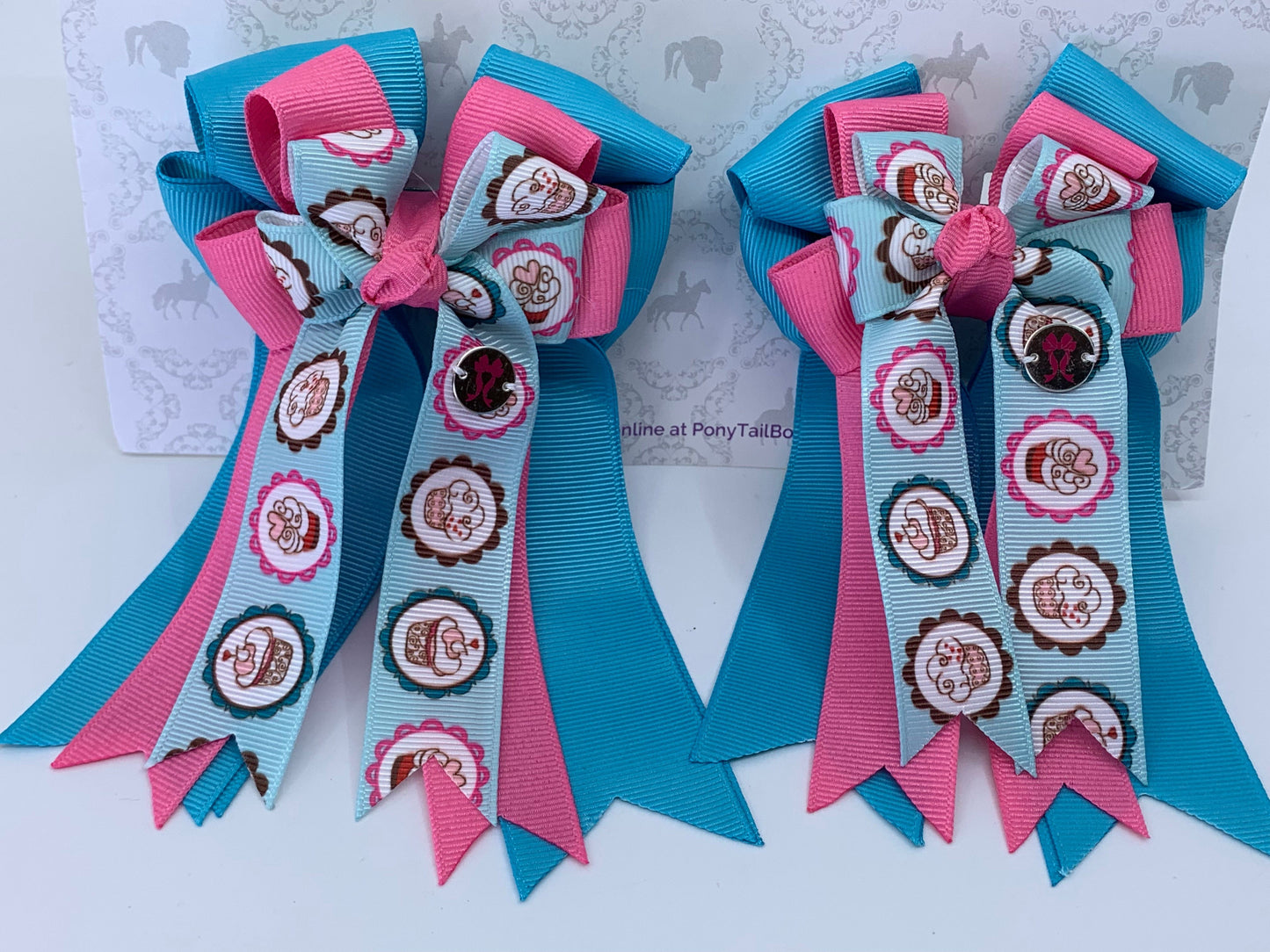 PonyTail Bows 3" Tails PonyTail Bows- Blue/Pink Cupcakes equestrian team apparel online tack store mobile tack store custom farm apparel custom show stable clothing equestrian lifestyle horse show clothing riding clothes PonyTail Bows | Equestrian Hair Accessories horses equestrian tack store