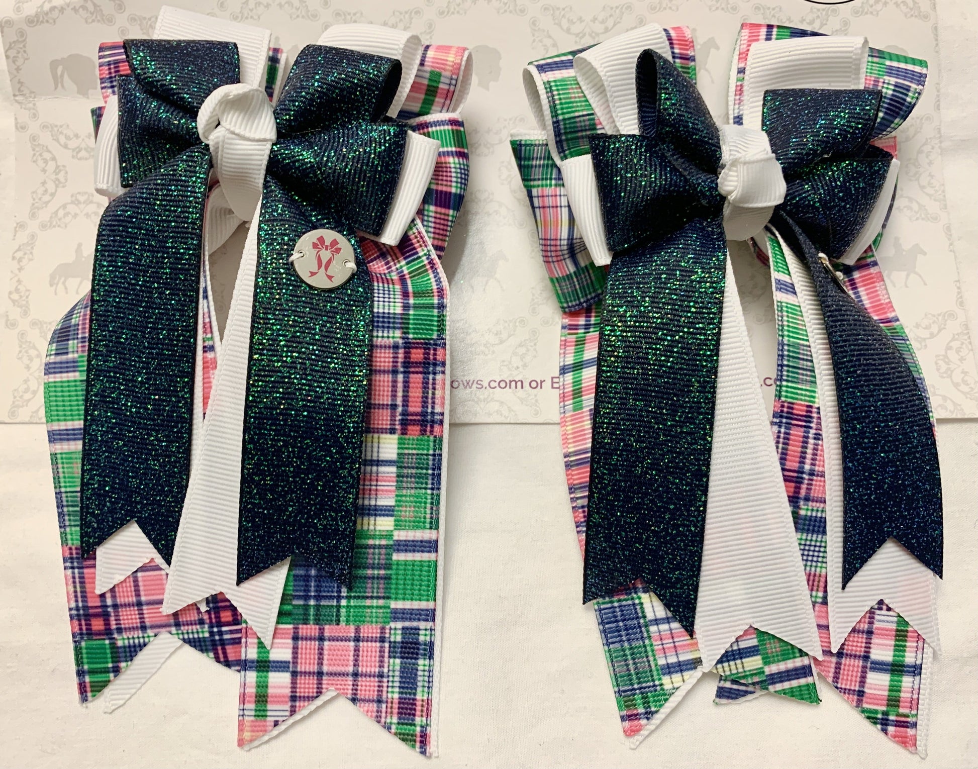 PonyTail Bows 3" Tails Emerald Glitter Preppy Plaid PonyTail Bows equestrian team apparel online tack store mobile tack store custom farm apparel custom show stable clothing equestrian lifestyle horse show clothing riding clothes PonyTail Bows | Equestrian Hair Accessories horses equestrian tack store