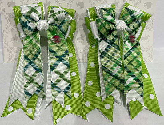 PonyTail Bows 3" Tails Plaid and Polka Green PonyTail Bows equestrian team apparel online tack store mobile tack store custom farm apparel custom show stable clothing equestrian lifestyle horse show clothing riding clothes PonyTail Bows | Equestrian Hair Accessories horses equestrian tack store