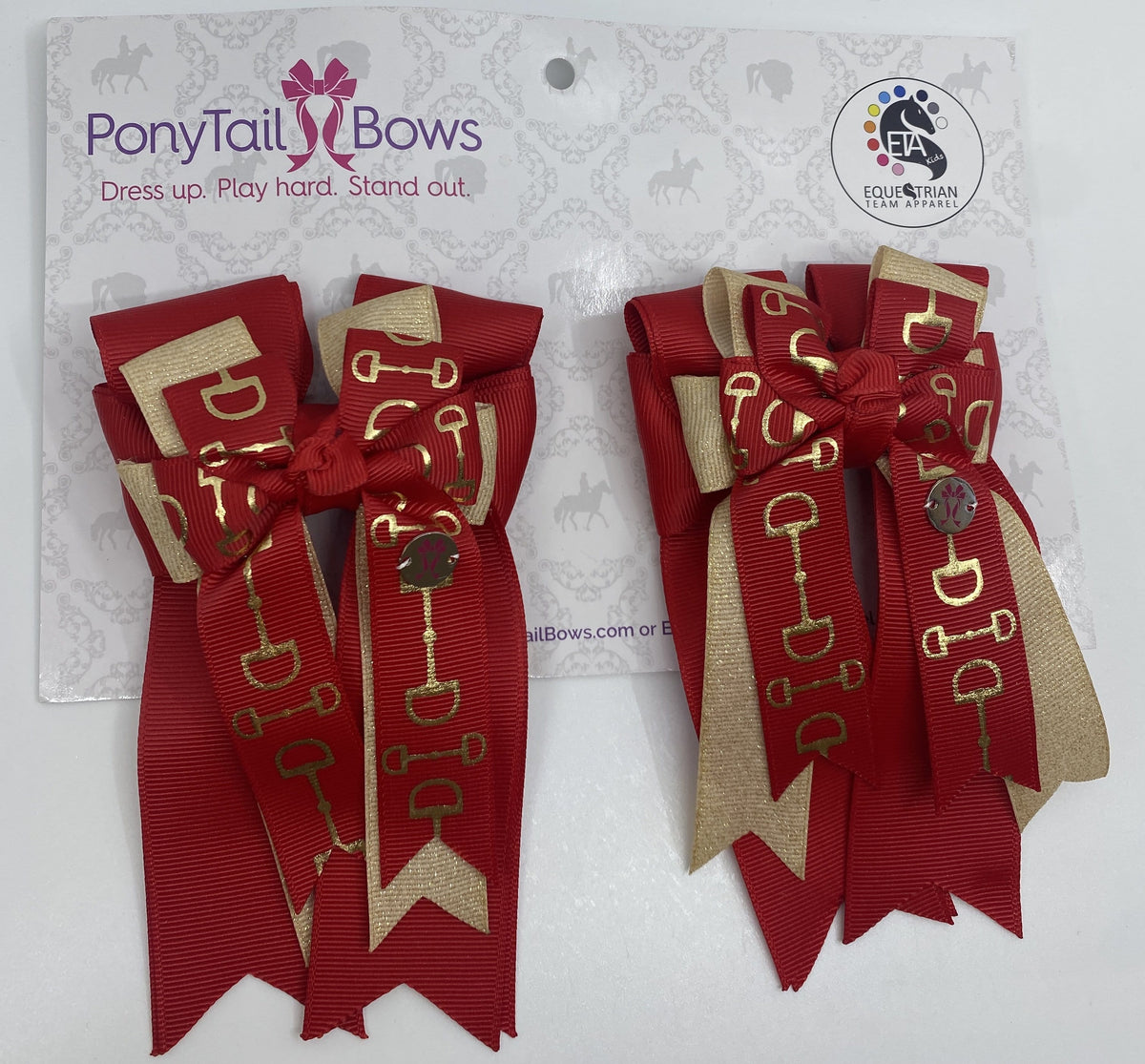 PonyTail Bows 3" Tails Red Gold Bits PonyTail Bows equestrian team apparel online tack store mobile tack store custom farm apparel custom show stable clothing equestrian lifestyle horse show clothing riding clothes PonyTail Bows | Equestrian Hair Accessories horses equestrian tack store