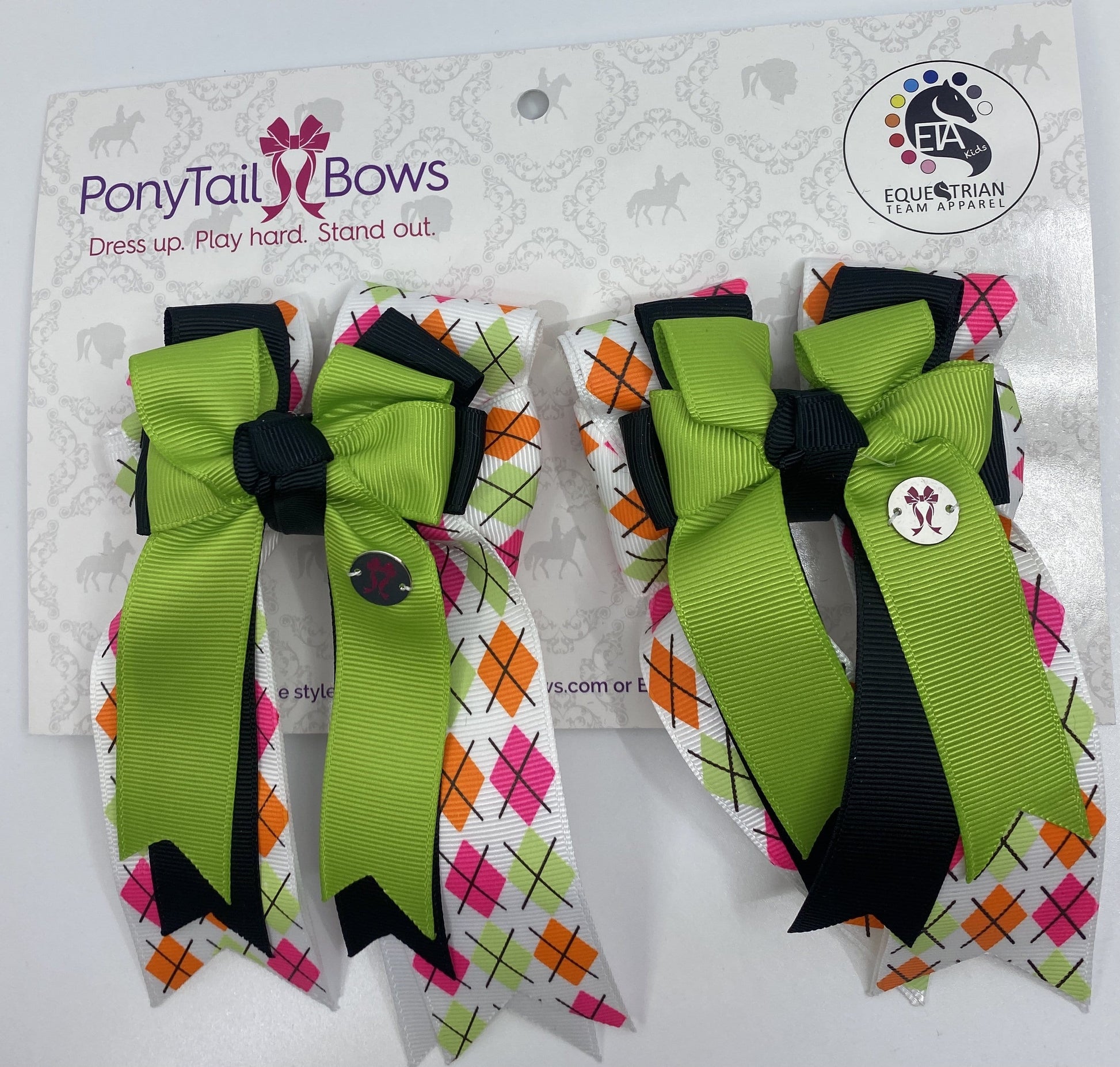 PonyTail Bows 3" Tails Argyle Lime/Black PonyTail Bows equestrian team apparel online tack store mobile tack store custom farm apparel custom show stable clothing equestrian lifestyle horse show clothing riding clothes PonyTail Bows | Equestrian Hair Accessories horses equestrian tack store