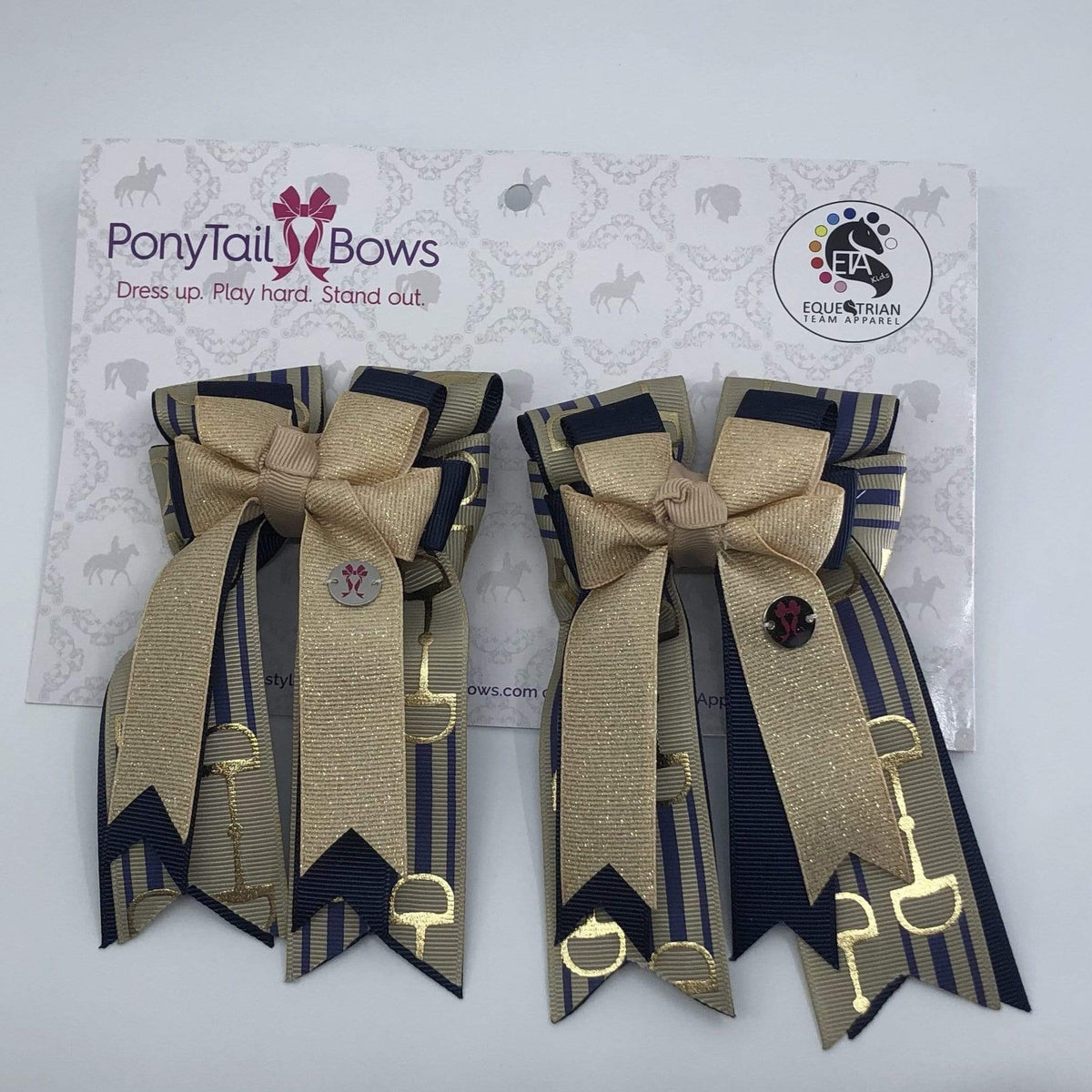 PonyTail Bows 3" Tails Navy Gold Striped Bits PonyTail Bows equestrian team apparel online tack store mobile tack store custom farm apparel custom show stable clothing equestrian lifestyle horse show clothing riding clothes PonyTail Bows | Equestrian Hair Accessories horses equestrian tack store