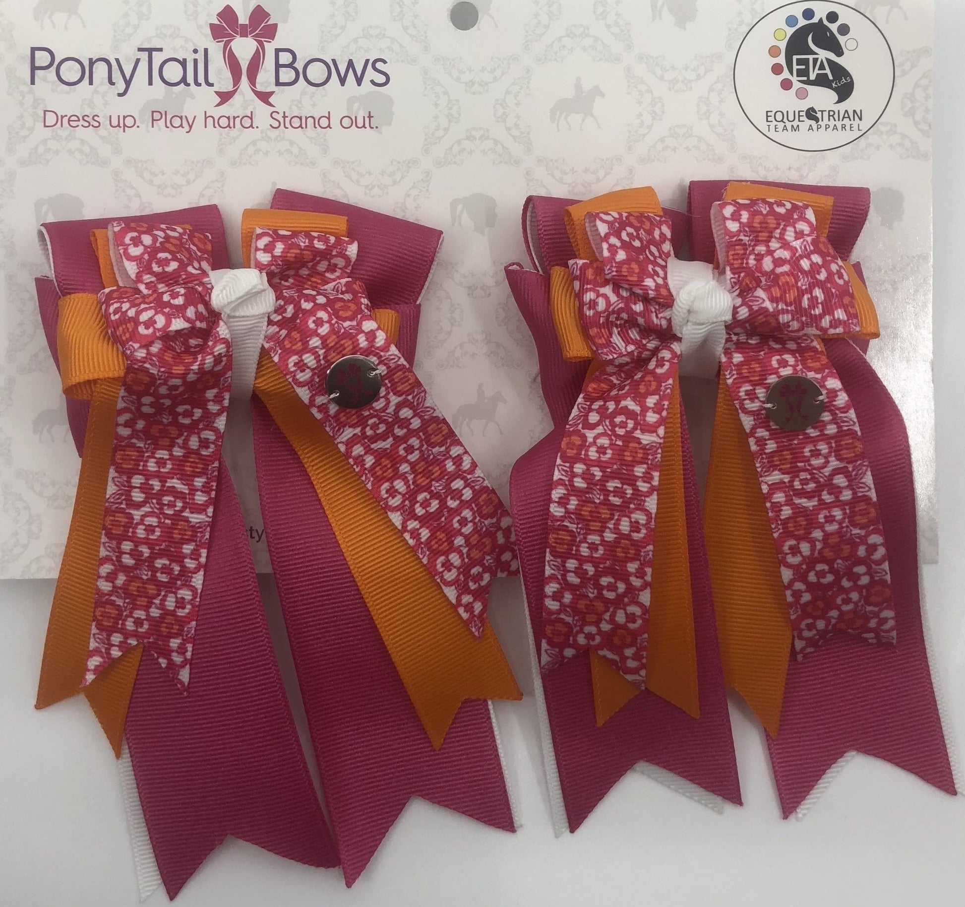 PonyTail Bows 3" Tails Pink Flowers/Orange PonyTail Bows equestrian team apparel online tack store mobile tack store custom farm apparel custom show stable clothing equestrian lifestyle horse show clothing riding clothes PonyTail Bows | Equestrian Hair Accessories horses equestrian tack store