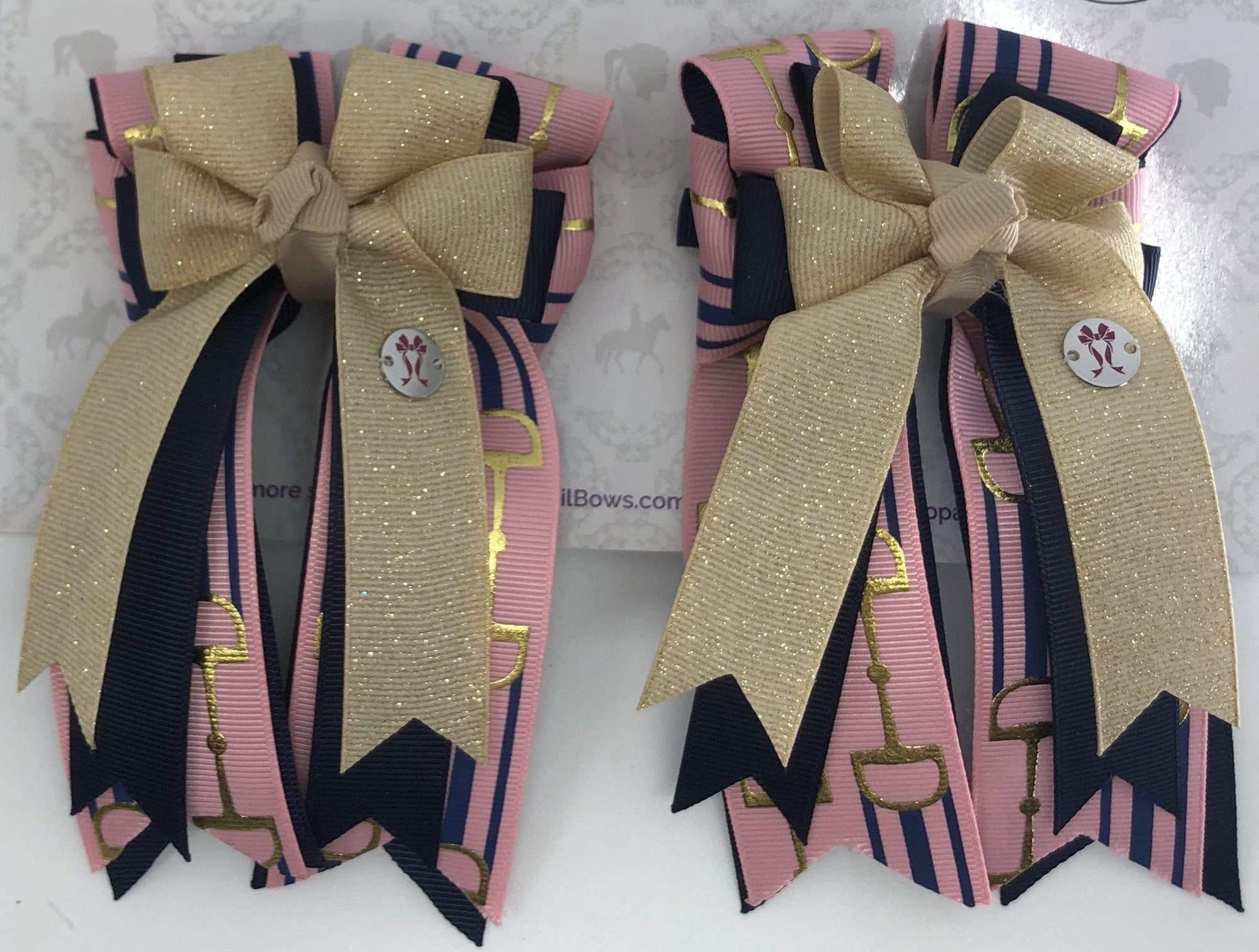 PonyTail Bows 3" Tails Pink Navy Gold Bits PonyTail Bows equestrian team apparel online tack store mobile tack store custom farm apparel custom show stable clothing equestrian lifestyle horse show clothing riding clothes PonyTail Bows | Equestrian Hair Accessories horses equestrian tack store